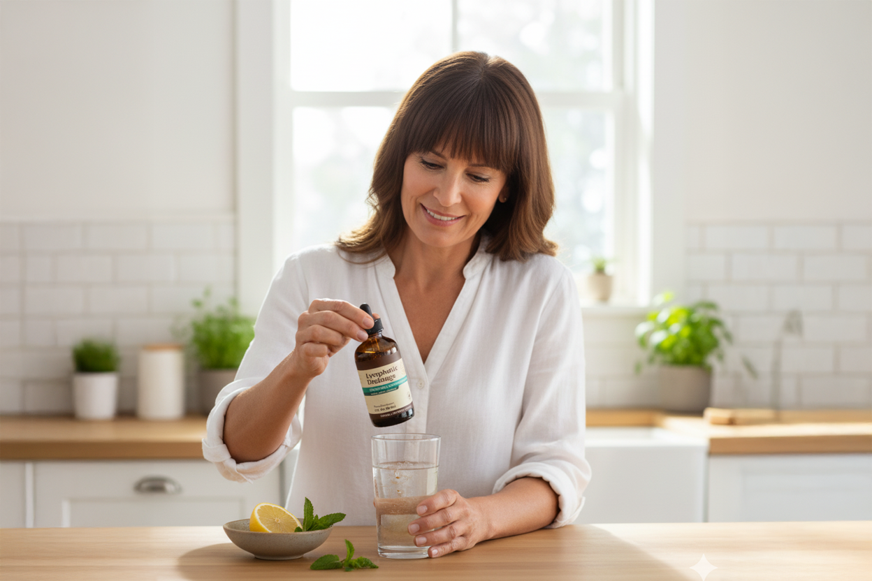 Carole, 52 ans, prépare sa dose d’Aureva dans un verre d’eau le matin